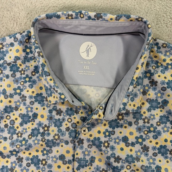 Toes on the Nose Mens XXL Button Front Shirt Blue Yellow Floral Aloha Surf EUC - Picture 2 of 6
